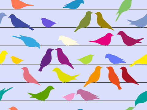 seamless pattern of colorful birds sitting on wires
