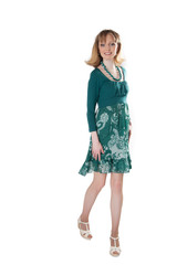 beautiful woman in a green dress and beads