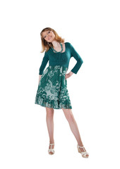 beautiful woman in a green dress and beads