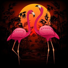 Obraz premium Pink Flamingos on Tropical Sunset-Fenicotteri Rosa nel Tramonto