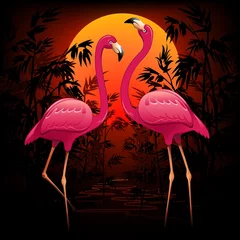 Peel and stick wall murals Draw Pink Flamingos on Tropical Sunset-Fenicotteri Rosa nel Tramonto