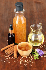 Beautiful spa setting on wooden table close-up