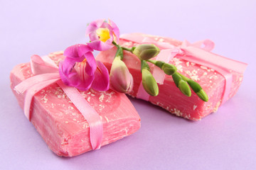 Natural handmade soap, on purple background