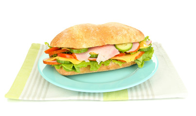 Fresh and tasty sandwich with ham and vegetables isolated