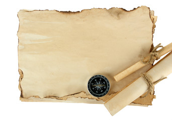Old paper, scrolls and compass isolated on white