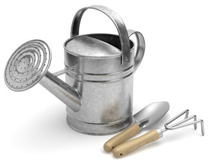 Arrosoir, griffe de jardin et transplantoir sur fond blanc 1 © He2