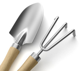 Griffe de jardin et transplantoir sur fond blanc 2