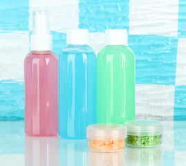 Hotel cosmetics kit on shelf in bathroom