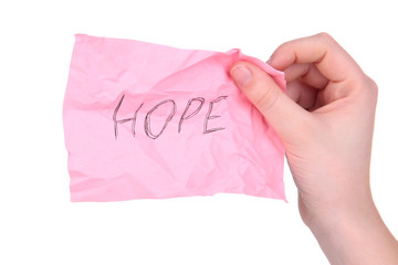 Hope word on piece paper in hand isolated on white