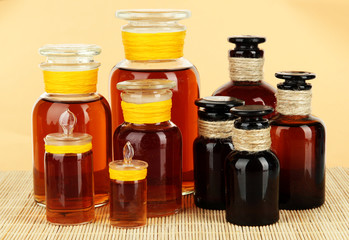 Medicine bottles on beige background