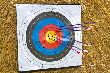 An archery target full of arrows