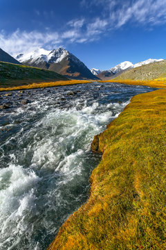 mountain river grass glacier