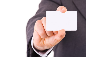 Business man showing blank card.