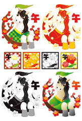 2014年午年年賀状用イラスト素材（白馬と鶯と梅）デジタル４点セット