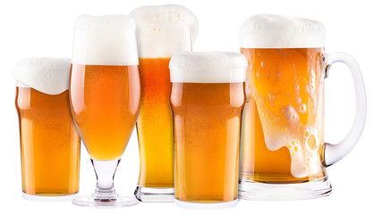 Frosty fresh beer collection with foam isolated
