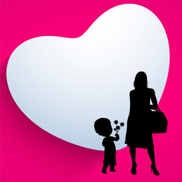 Happy Mothers Day background with silhouette of a mother and her