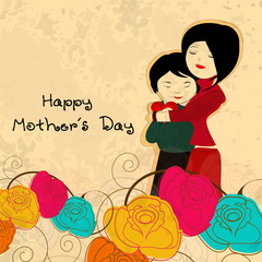 Illustration of a mother with her child on colorful flowers back