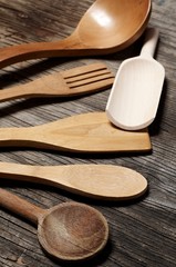 different kitchen wooden utensils