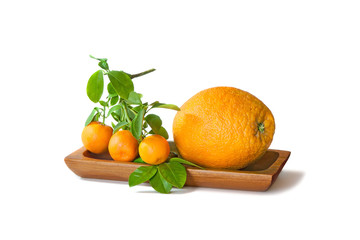 Big and small oranges in a bowl isolated on white background