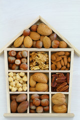 Selection of nuts in wooden box