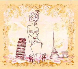 Fototapete Doodle schöne Frauen Einkaufen in Frankreich und Italien