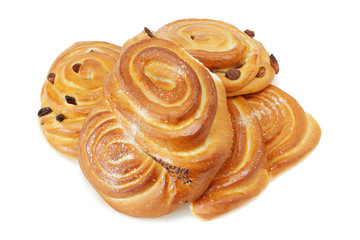 Sweet buns with raisins isolated on white background.