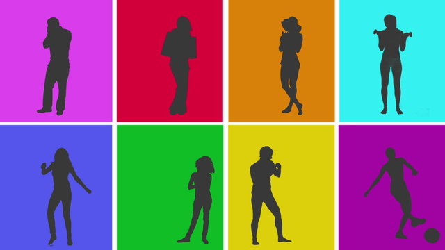 Animation of silhouettes of various people in colourful grid