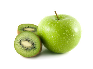 Isolated green apple and sliced kiwi on white