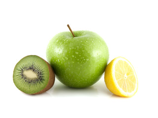 Isolated green apple, kiwi and yellow lemon