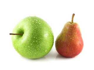 Ripe red pear with green apple on white
