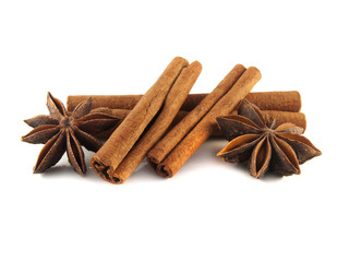 Cinnamon sticks and anise stars. Isolated.