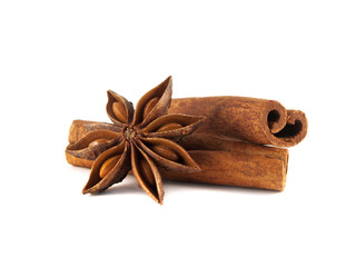 Cinnamon sticks and anise star. On white.
