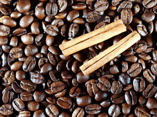 Coffee beans with cinnamon pods
