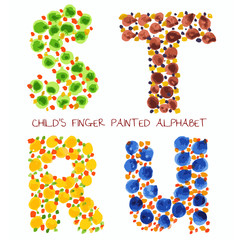 Funny alphabet s, t, r, u letters painted by kids fingers