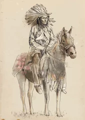 Raamstickers Indiaanse opperhoofd zittend op een paard - Handtekening in vector © kuco