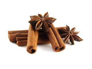 Cinnamon sticks and anise stars. Isolated