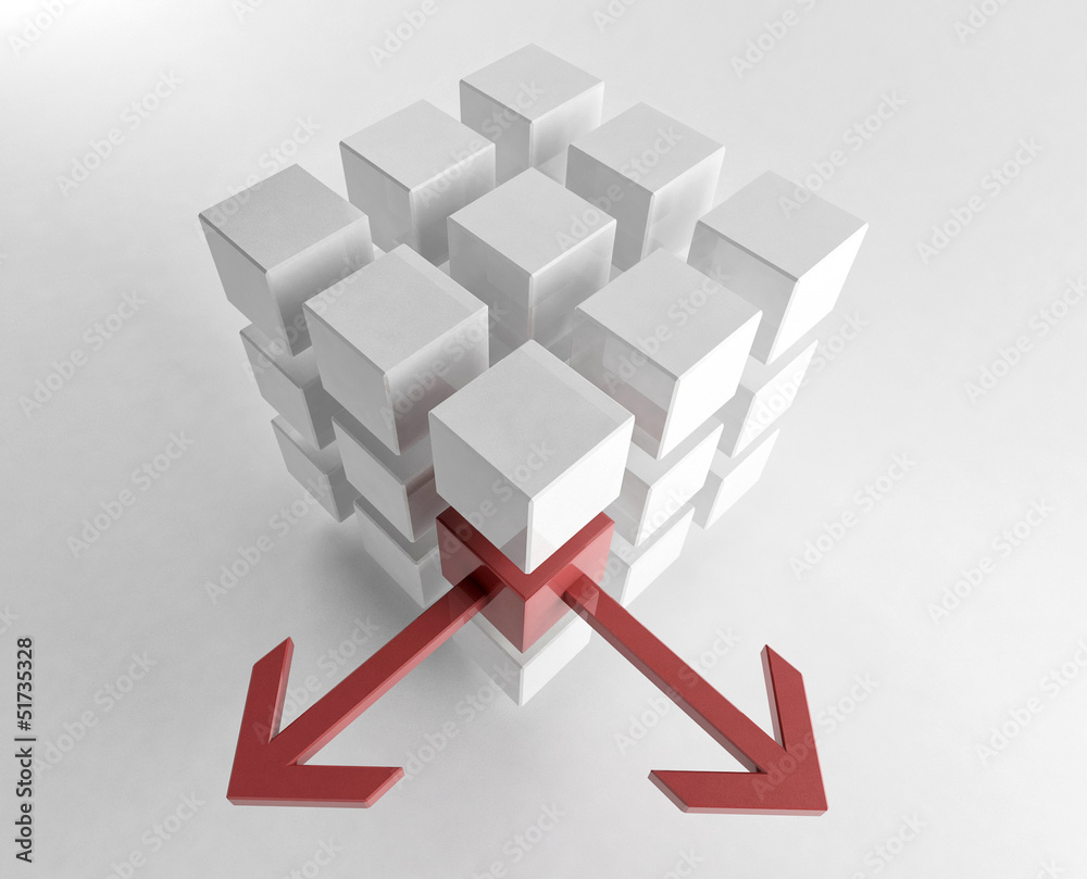 Wall mural white 3d cube with mini red cube | concept