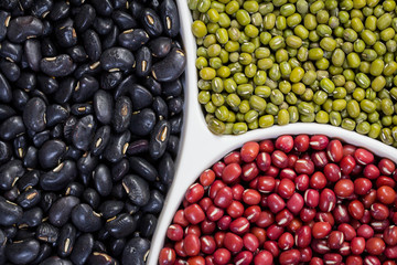 Red beans, green beans and black beans on dish