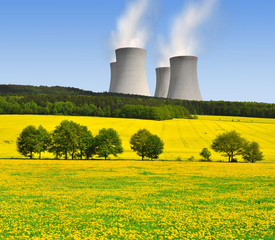 Spring landscape with nuclear power plant