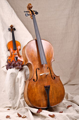 Naklejka premium violin and cello on the beige background