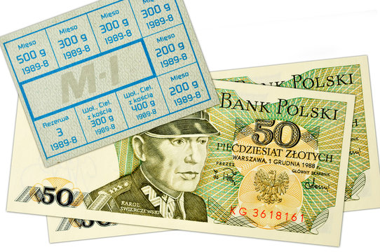 Polskie stare banknoty i kartka żywnościowa