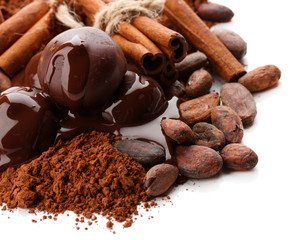 Composition of chocolate sweets, cocoa and spices, isolated