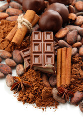 Composition of chocolate sweets, cocoa and spices, isolated