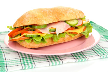 Fresh and tasty sandwich with ham and vegetables isolated