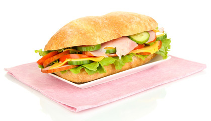 Fresh and tasty sandwich with ham and vegetables isolated