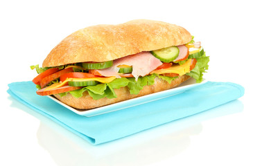 Fresh and tasty sandwich with ham and vegetables isolated