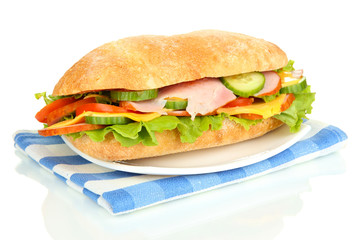 Fresh and tasty sandwich with ham and vegetables isolated