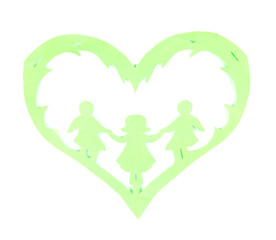 Green cut out paper heart with people inside, isolated on white