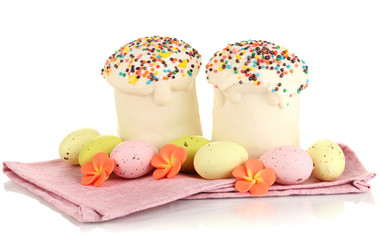 Easter cake with sugar glaze and eggs isolated on white