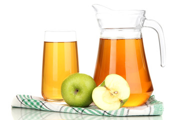 Full glass and jug of apple juice and apples isolted on white